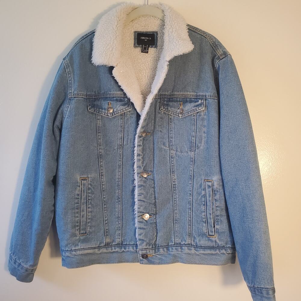 Forever 21 Denim Fleece Blue Jean Jacket Mens Medium M Quilted Sleeve Western